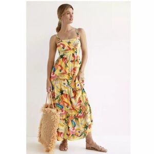 Anthropologie Farm Rio Yellow Textured Tropical Floral Maxi Dress M